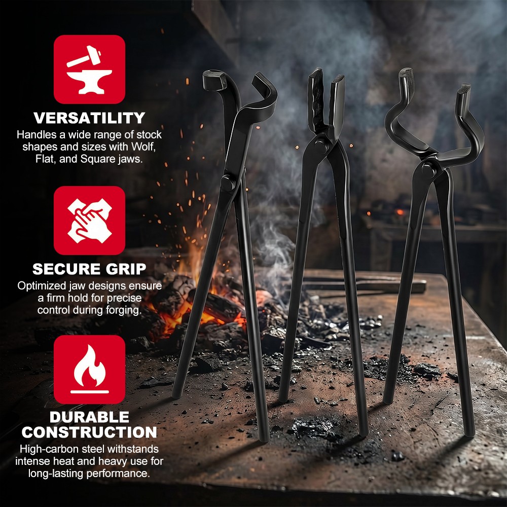 Blacksmith Tongs Set , V-Bit Blade Tongs, Flat Tongs and Blade Tongs for Forging Blacksmith Tongs Set , V-Bit Blade Tongs, Flat Tongs and Blade Tongs for Forging