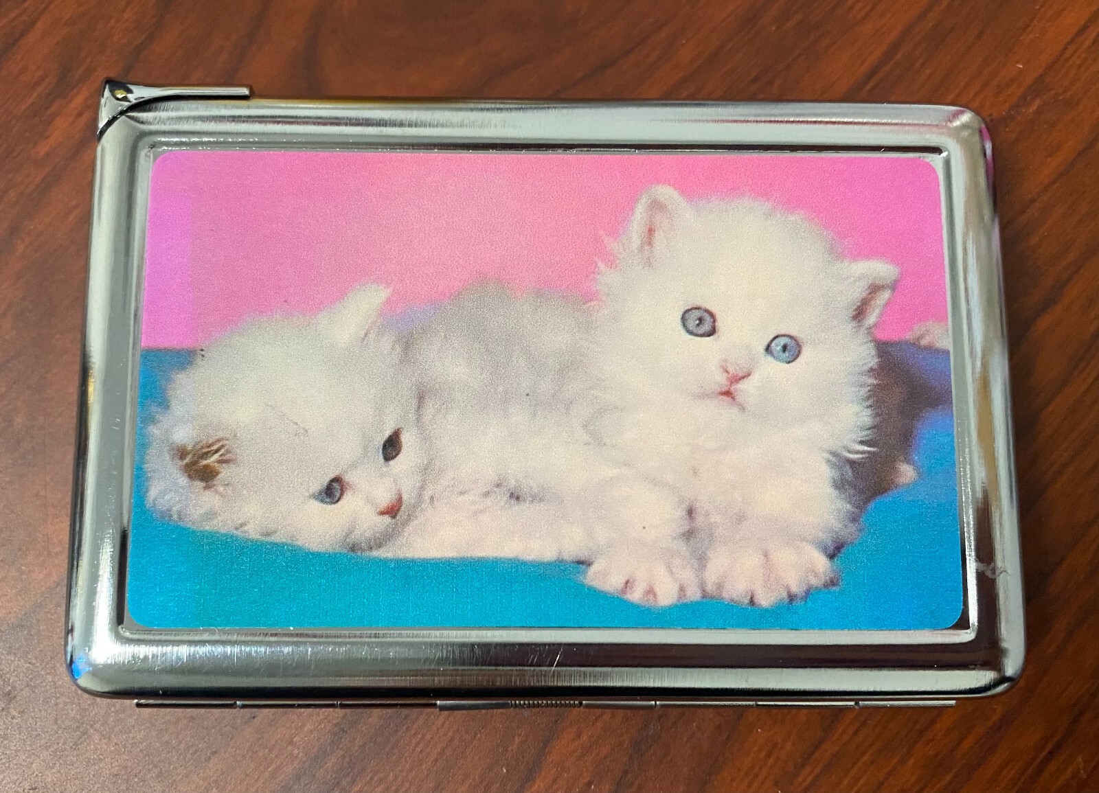 Vintage Kittens  Image Cigarette Case with Built in Lighter Metal Wallet Pink