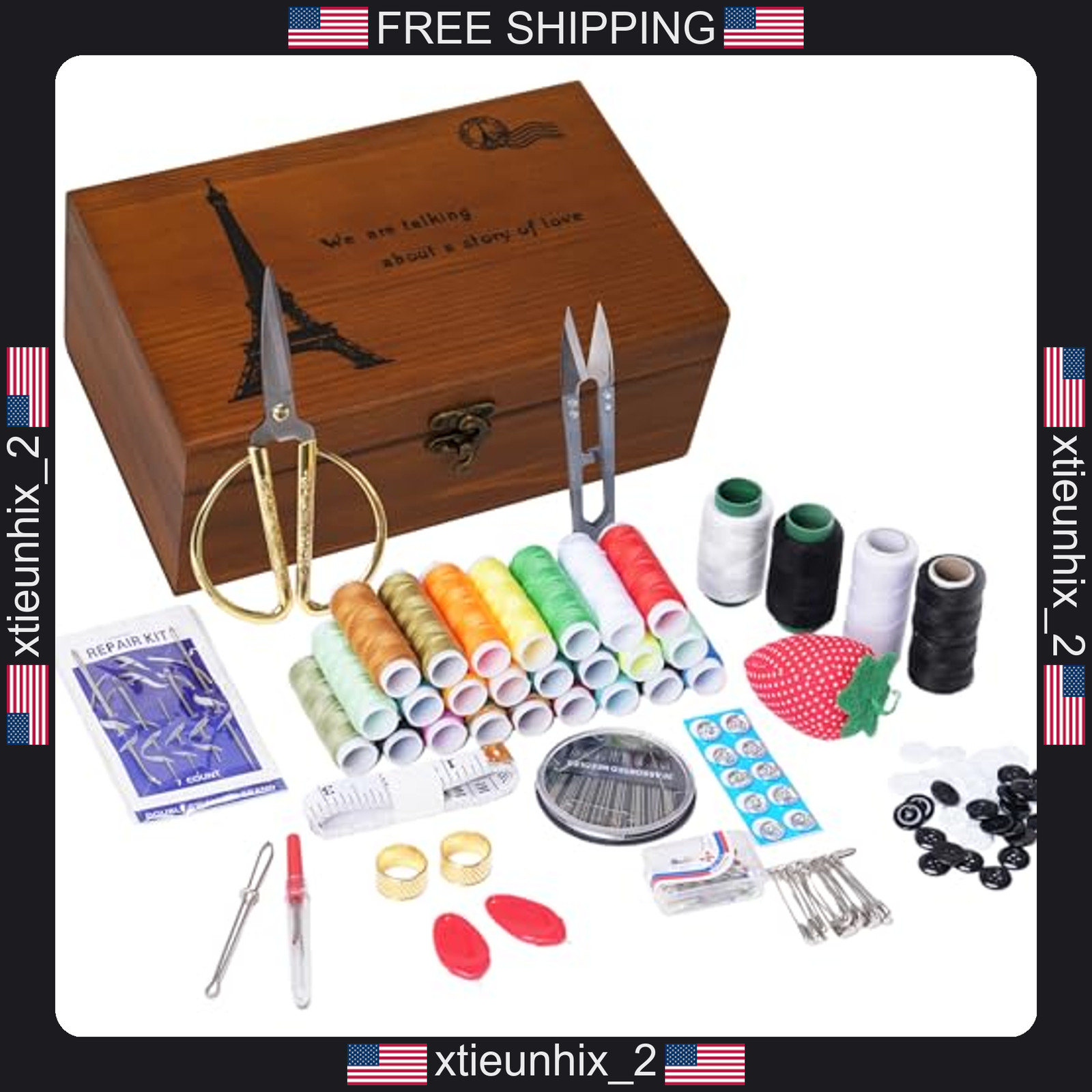 Wooden Sewing Kit Box with Needles, Pins, Buttons and Accessories Wooden Sewing Kit Box with Needles, Pins, Buttons and Accessories