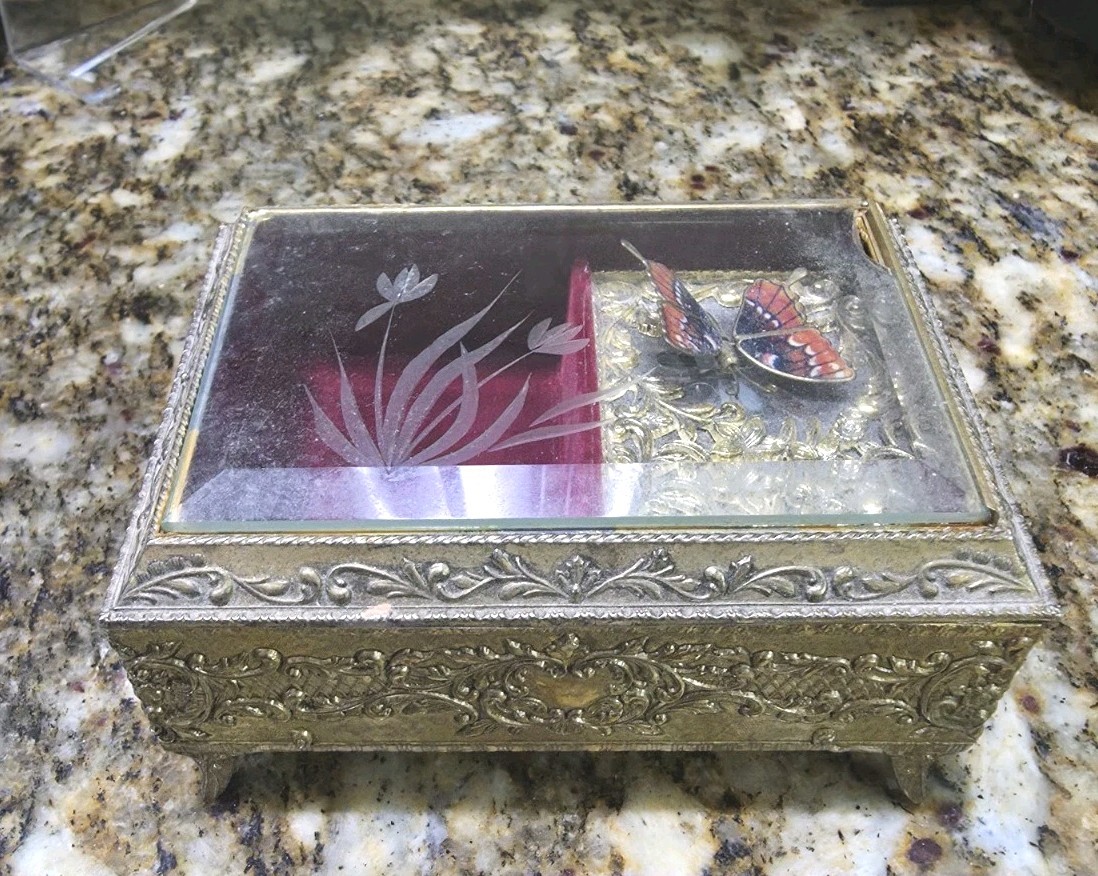 WORKING Vintage Westland Music Jewelry Box Butterfly Moving Wings Beveled Glass WORKING Vintage Westland Music Jewelry Box Butterfly Moving Wings Beveled Glass