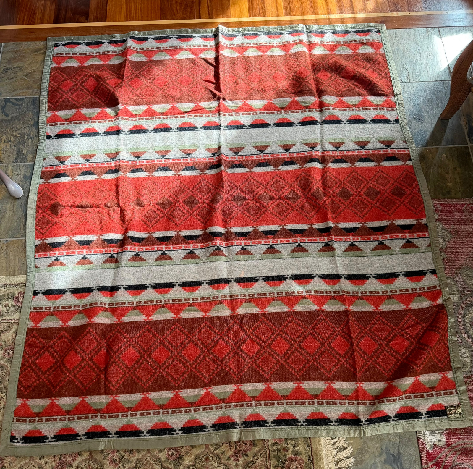 Antique 1920s Jacobs Oregon City Wool Blanket Motor Robe Geometric 54x56 Antique 1920s Jacobs Oregon City Wool Blanket Motor Robe Geometric 54x56