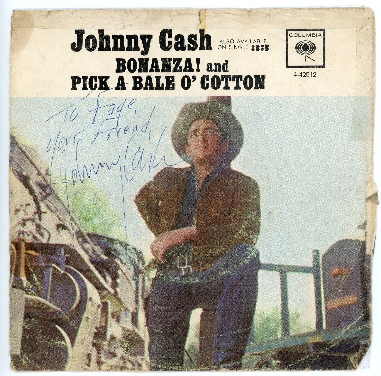 Johnny Cash ~ Signed 1962 Bonanza / Pick A Bale O' Cotton Vinyl Album ~ JSA LOA