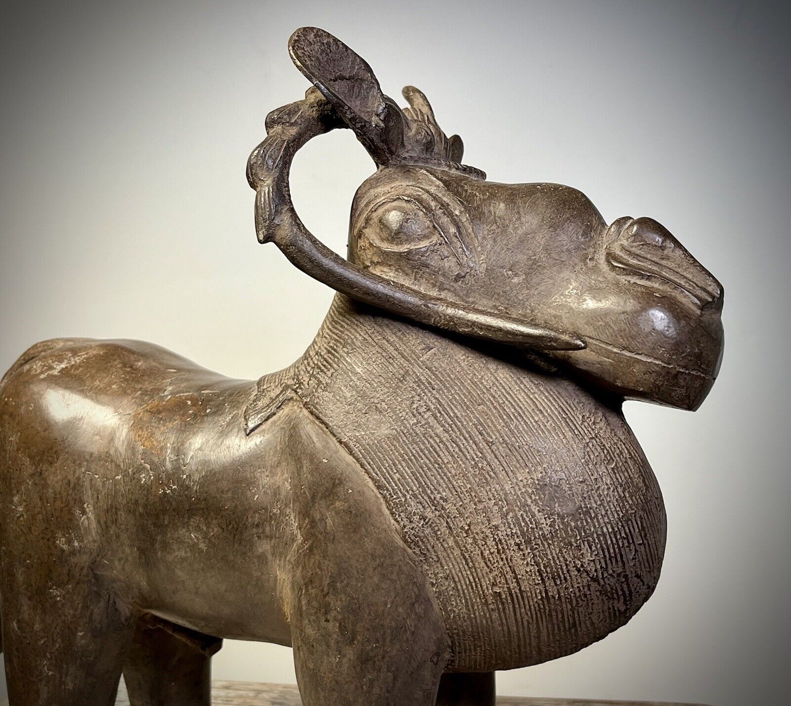 Benin Bronze Ram. Excellent Quality. Lost Wax Casting. 20th C. 13”Long. 6.17 Kg.