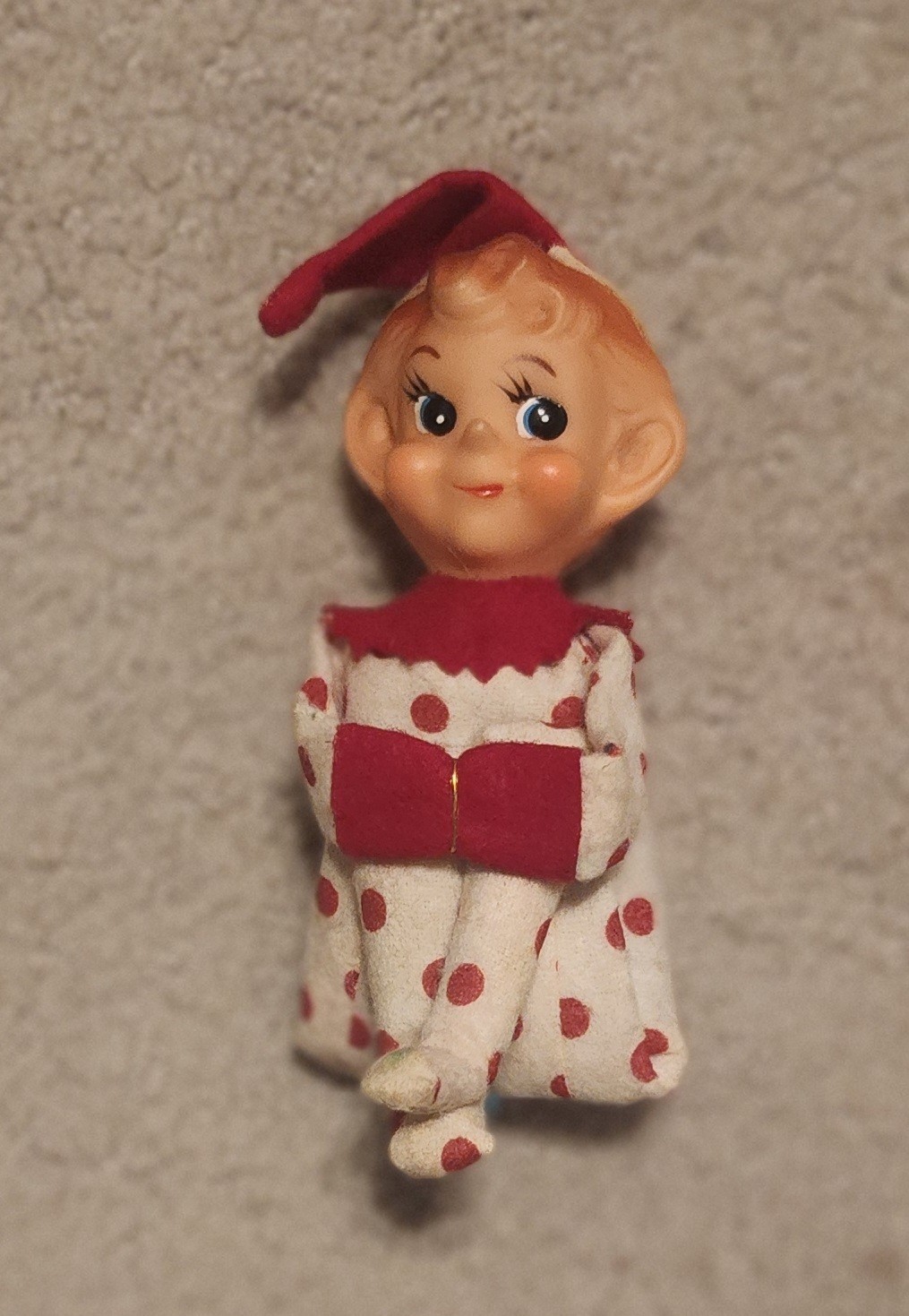 Vintage Christmas Knee Hugger Elf Pixie With Red Polka Dot Outfit Vintage Christmas Knee Hugger Elf Pixie With Red Polka Dot Outfit
