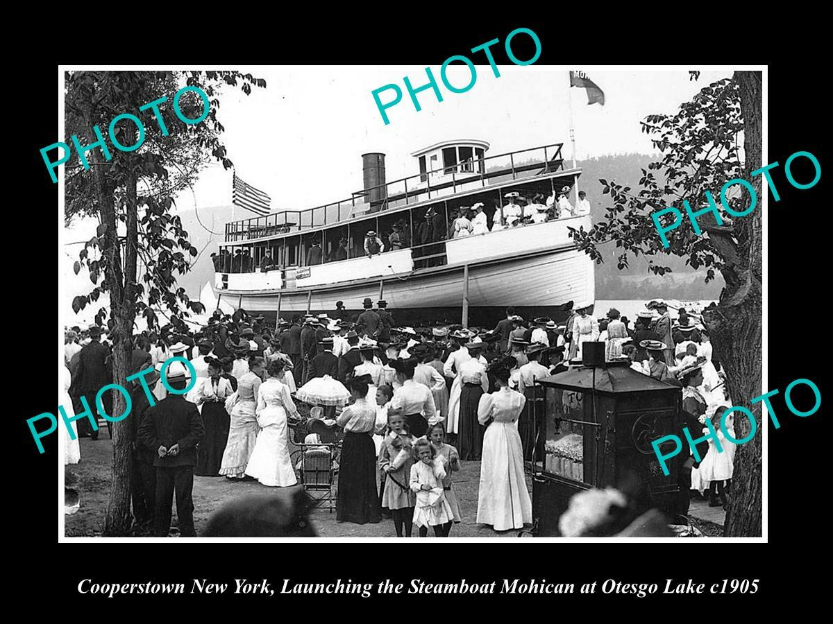 OLD POSTCARD SIZE PHOTO OF COOPERSTOWN NEW YORK LAUNCHING THE STEAMBOAT c1905