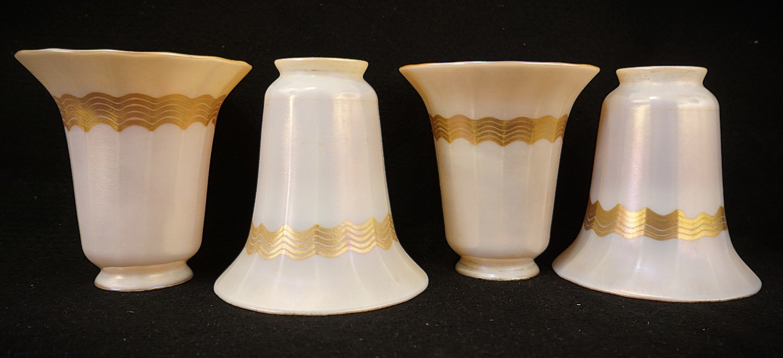 Quezal Style art glass shades set of 4 iridescent white & gold for chandelier Quezal Style art glass shades set of 4 iridescent white & gold for chandelier