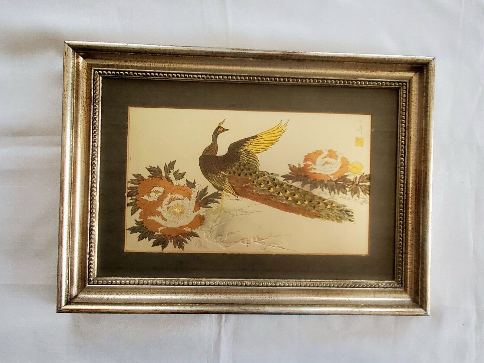 Vintage Japanese Lin-Art LTD Peacock Art - Framed 20.5\