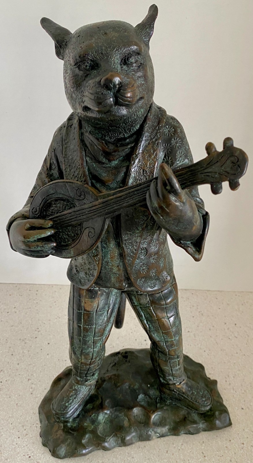 Vtg 15" Brass Bronze? Anthropomorphic Cat Sculpture Playing Mandolin SARREID MCM