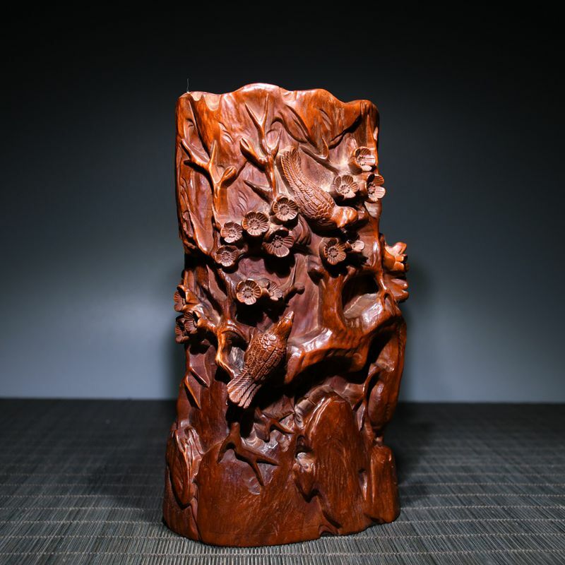 Exquisite Chinese Antique Wood Carving Boxwood Carved Nice Flower Bird Brush Pot Exquisite Chinese Antique Wood Carving Boxwood Carved Nice Flower Bird Brush Pot