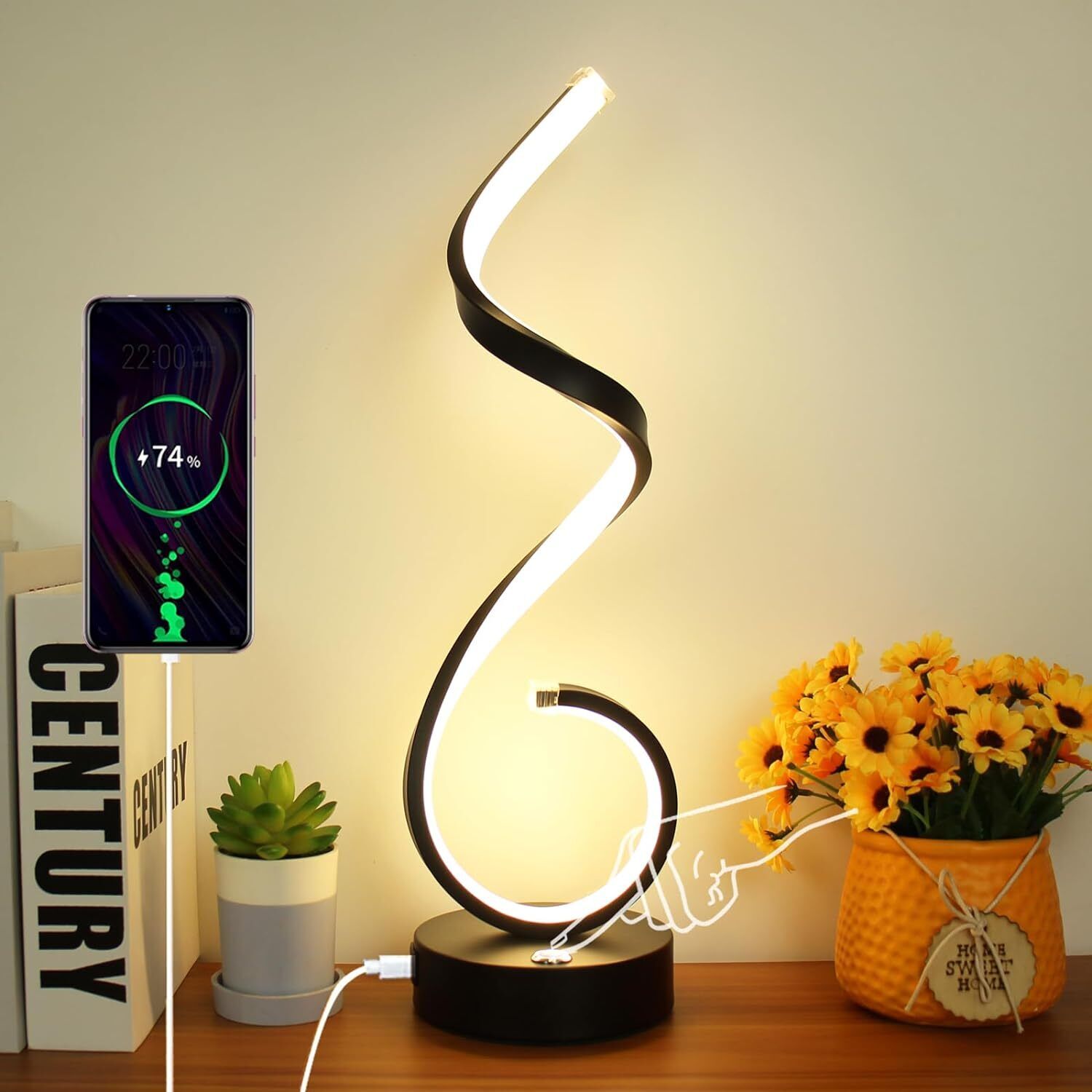 Modern Spiral LED Table Lamp for Black with USB Ports, Ports 