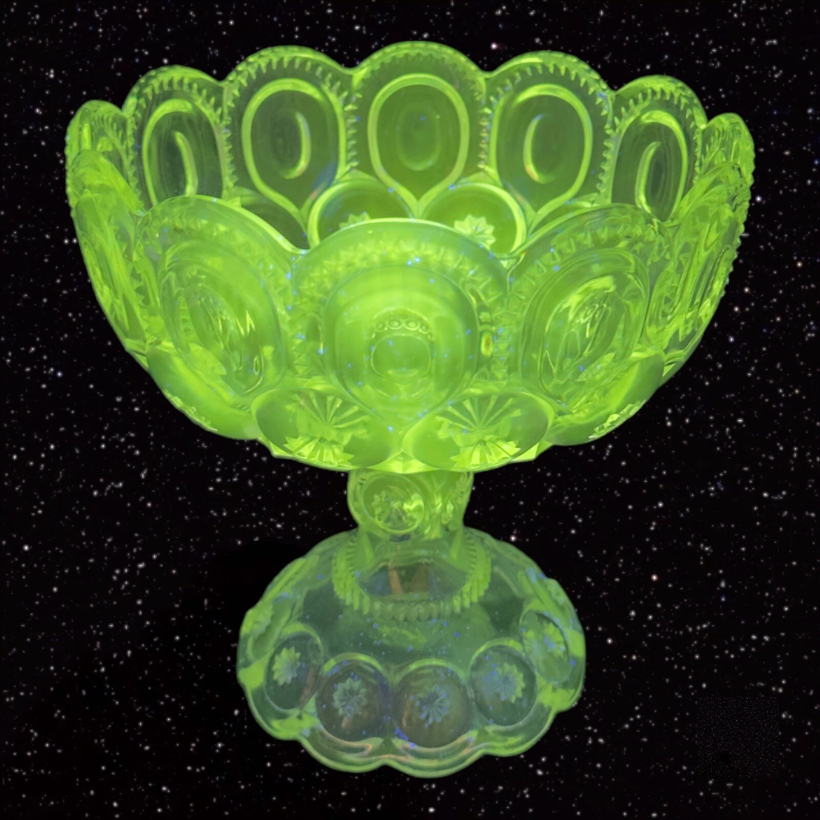 Antique EAPG Adams & Co Palace Moon & Stars Compote Large Clear Manganese 365nm Antique EAPG Adams & Co Palace Moon & Stars Compote Large Clear Manganese 365nm