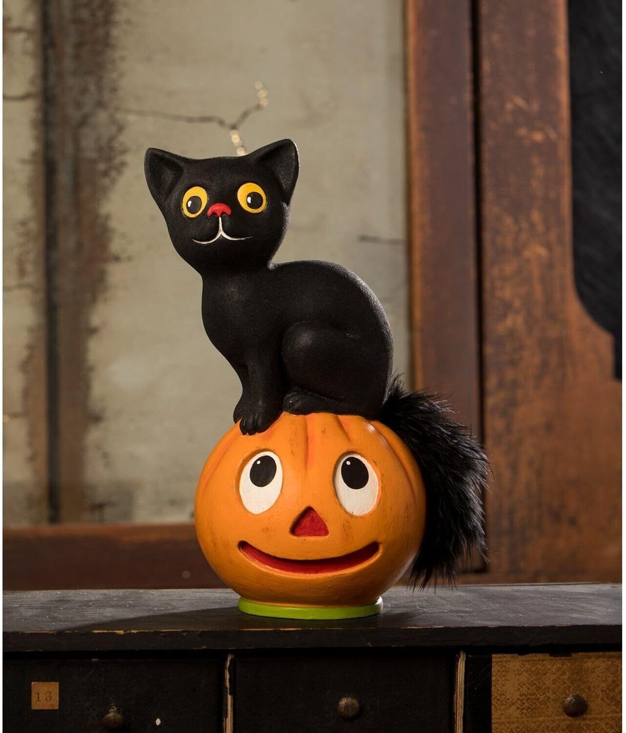 Bethany Lowe Vintage Seated Black Cat on Pumpkin Halloween Figure TL3361