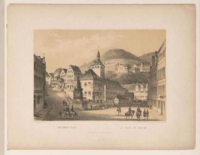 Karlovy Vary Czech Republic Market Square 1850s Horse Carriages People Karlovy Vary Czech Republic Market Square 1850s Horse Carriages People
