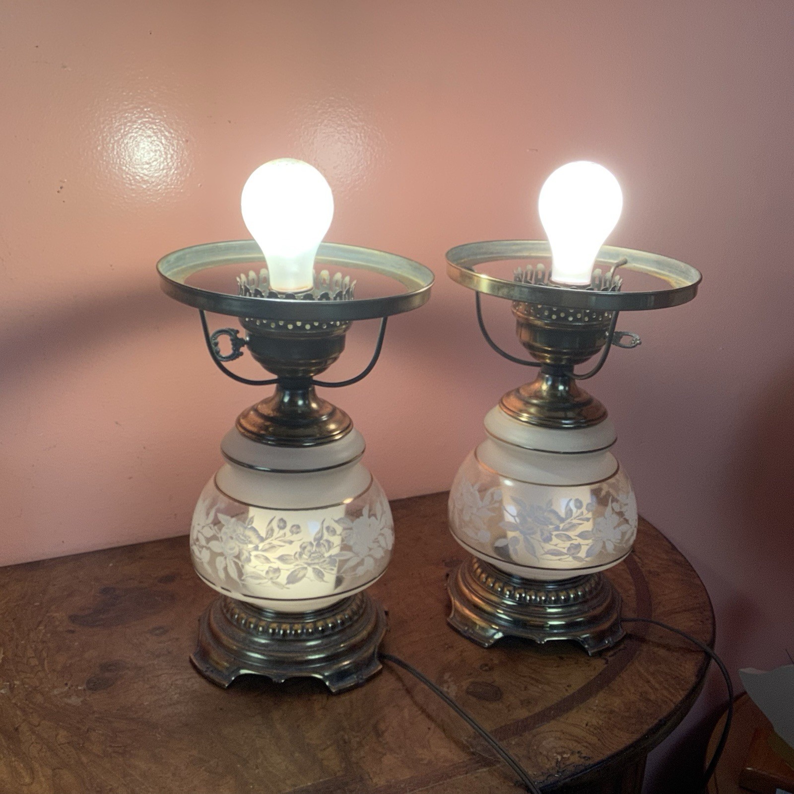 Vintage 2 Quoizel 1978 Satin Lace Floral Hurricane Table Lamp C- 265BA Base Only