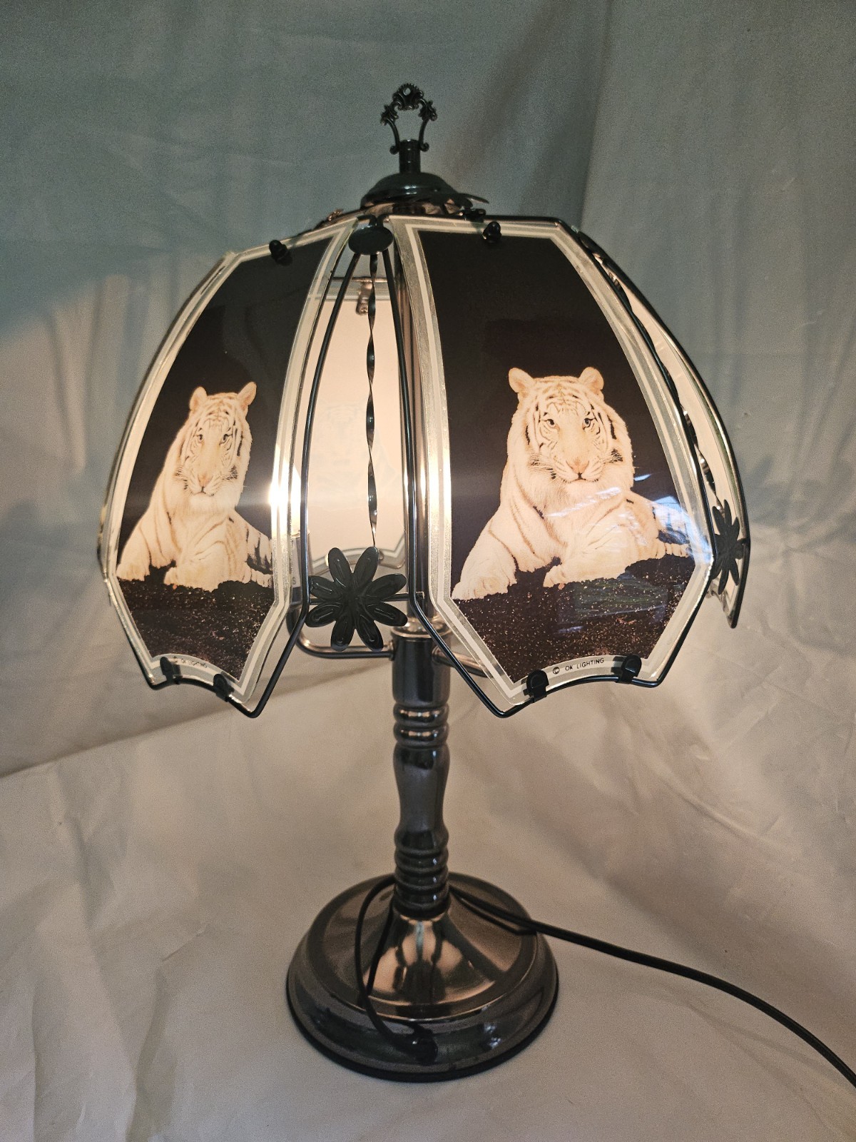 OK Lighting Siberian Tiger Silver Brass Glass Panel Vintage Touch Lamp Large 🔥 OK Lighting Siberian Tiger Silver Brass Glass Panel Vintage Touch Lamp Large 🔥