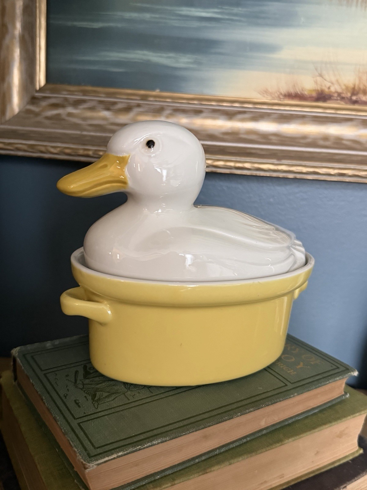 Vintage Hall Carbone Duck Individual Casserole 13oz Yellow White 1970s