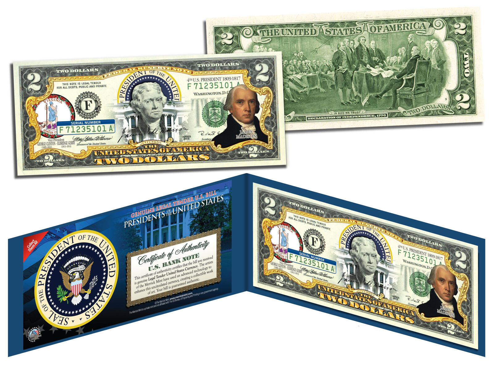 JAMES MADISON * 4th U.S. President * Colorized $2 Bill US Genuine Legal Tender