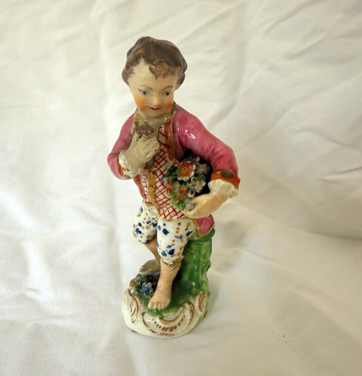 Antique Derby Porcelain Miniature Figure Boy Flowers c.1780 English Georgian 3”