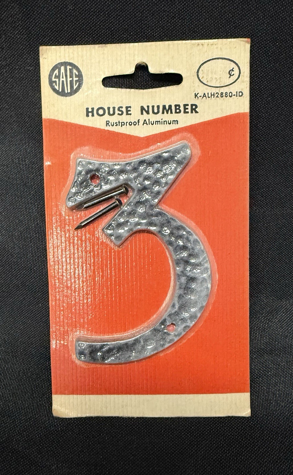 Safe 1960’s Hammered Metal House Number 3 Black Rustproof Aluminum NOS Safe 1960’s Hammered Metal House Number 3 Black Rustproof Aluminum NOS