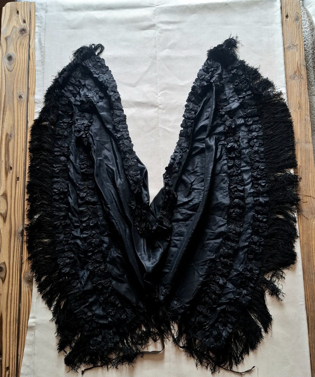 Antique Victorian 1850s 1900s Black Silk Mourning Cape Shawl Fringe Gothic Dark