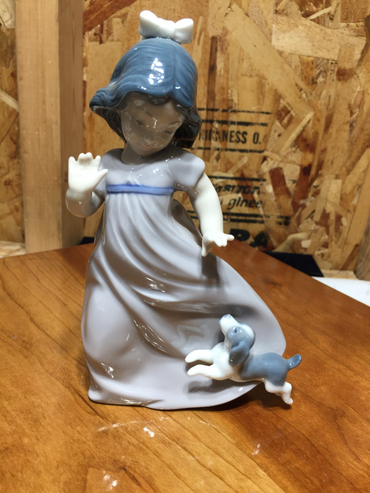 VTG 1987 Nao By Lladro Porcelain Daisa Girl Running With Dog Blue Gray Tones VTG 1987 Nao By Lladro Porcelain Daisa Girl Running With Dog Blue Gray Tones