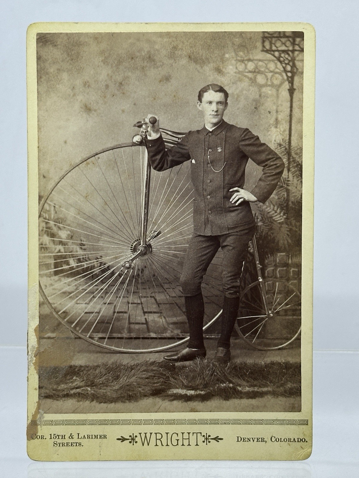 1880s Penny Farthing Bicycle Cabinet Card C C Wright Denver Colorado Photo 1880s Penny Farthing Bicycle Cabinet Card C C Wright Denver Colorado Photo