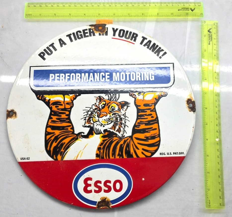 ESSO 12" x 12" VINTAGE GENUINE PORCELAIN SIGN PUMP PLATE GAS STATION OIL FLAT ESSO 12" x 12" VINTAGE GENUINE PORCELAIN SIGN PUMP PLATE GAS STATION OIL FLAT