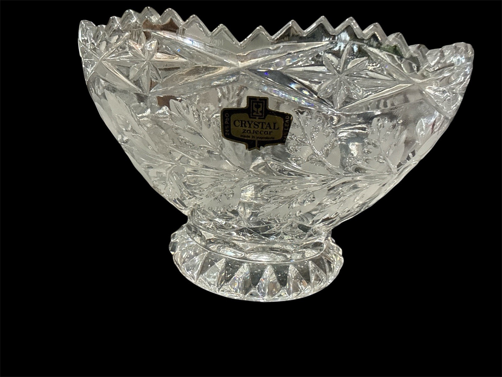 Vtg Crystal Yugoslavian Footed Bowl Frosted Sawtooth Edge. W/Sticker Floral Vtg Crystal Yugoslavian Footed Bowl Frosted Sawtooth Edge. W/Sticker Floral