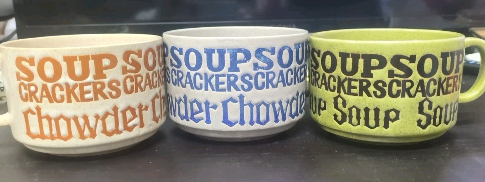 3 VTG Soup Chowder Bowls Handle Stoneware Mug Nanco Japan 1970s Holidays