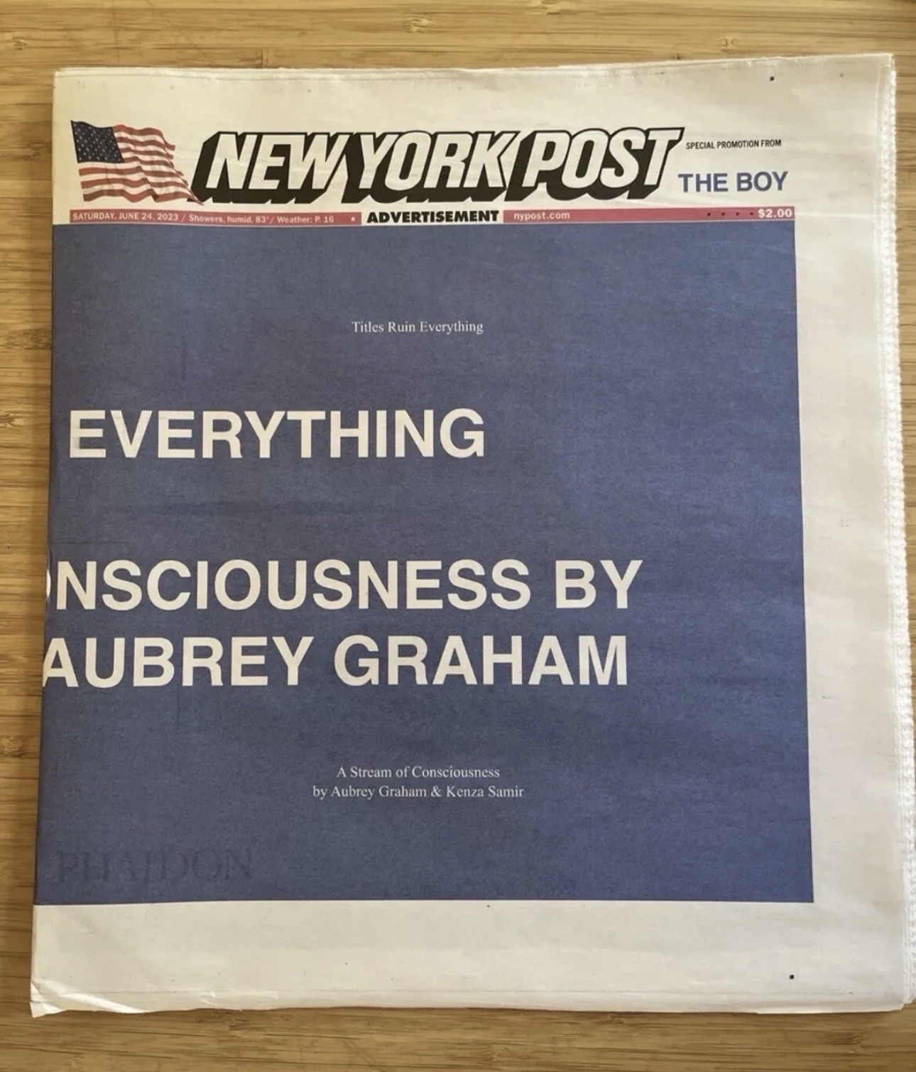 Drake Titles Ruin Everything New York Post Newspapers 6/24/23 RARE LIMITED RUN Drake Titles Ruin Everything New York Post Newspapers 6/24/23 RARE LIMITED RUN