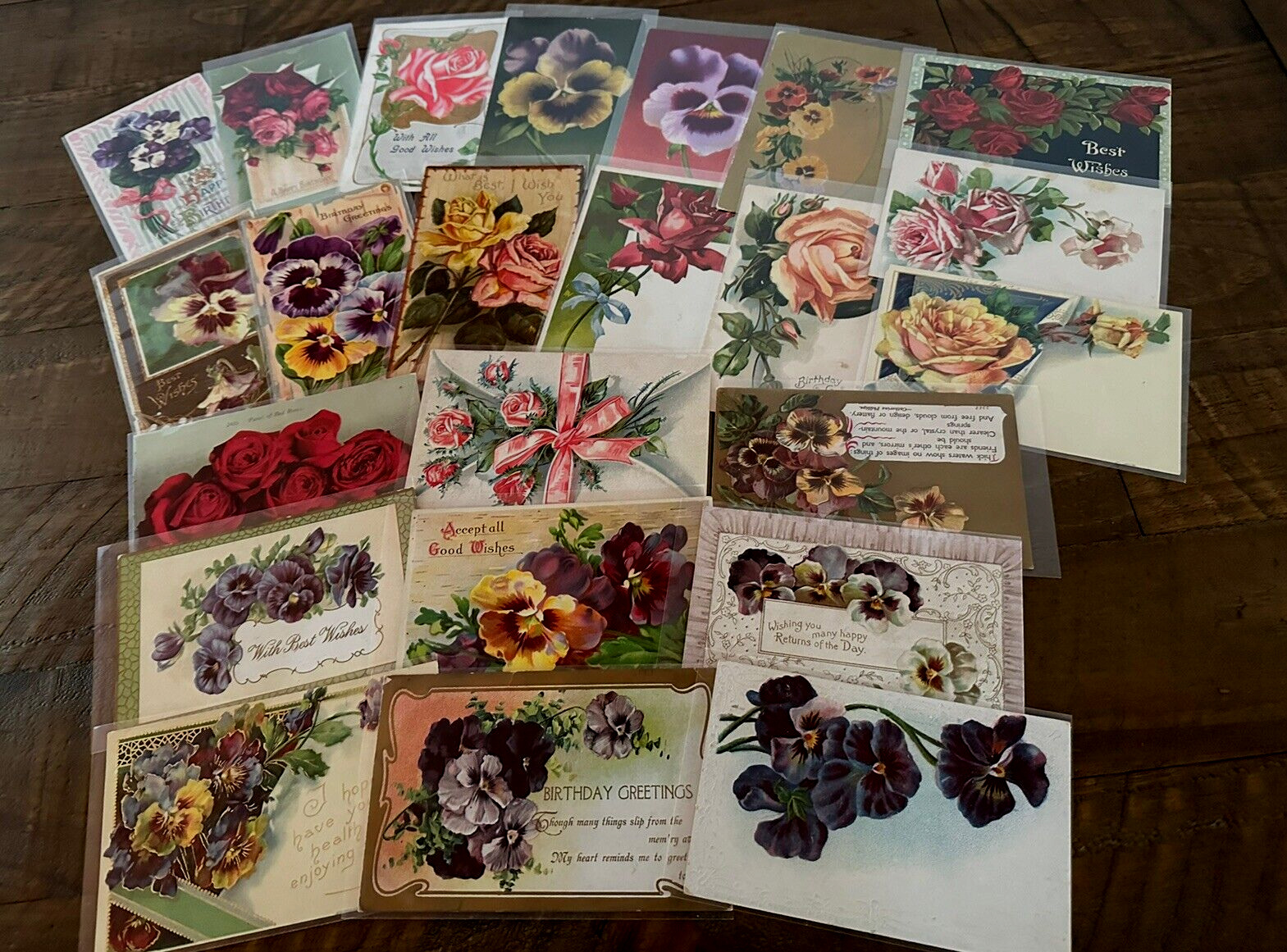 LOT of 23 Greetings Postcards with~ROSES & PANSY~Flowers Floral~In Sleeves-h792