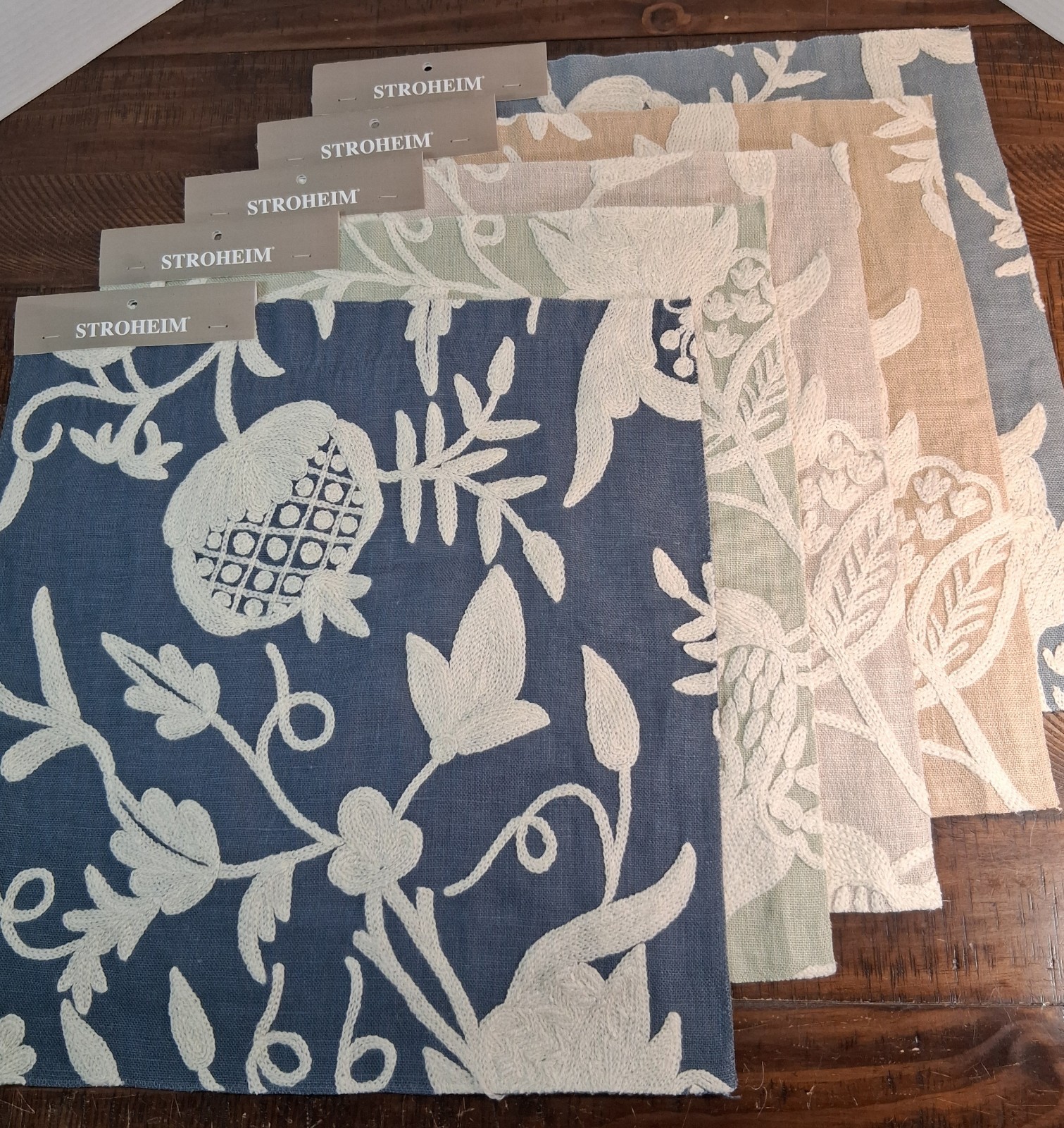 5 Samples Stroheim Embroidered Linen 16"x 17" Kashmir Crewel Fabricut London 