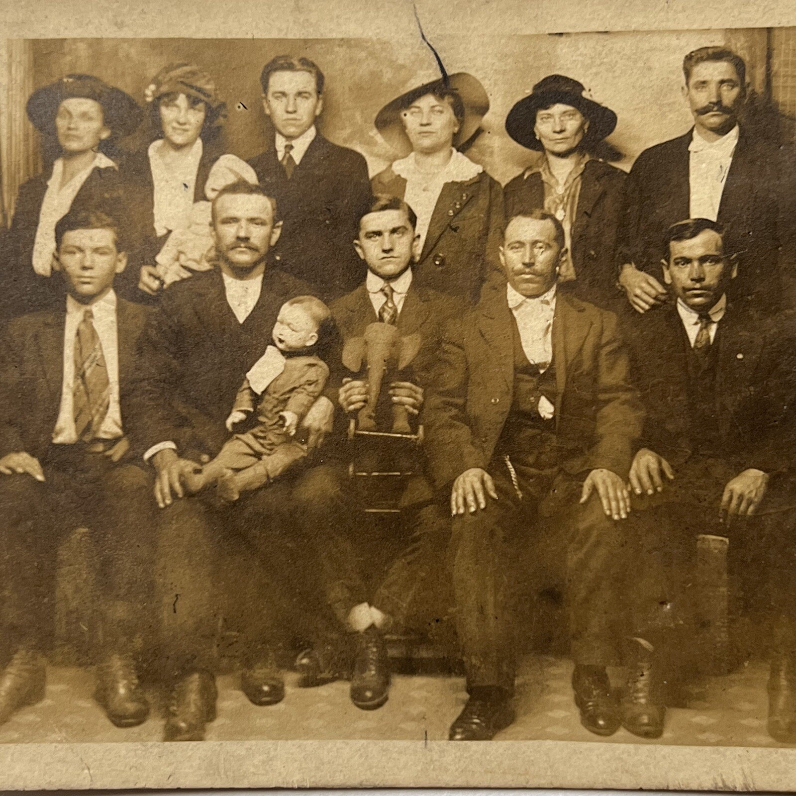 Antique RPPC Real Postcard Group Photograph Men Women Doll Elephant Carnival Odd Antique RPPC Real Postcard Group Photograph Men Women Doll Elephant Carnival Odd