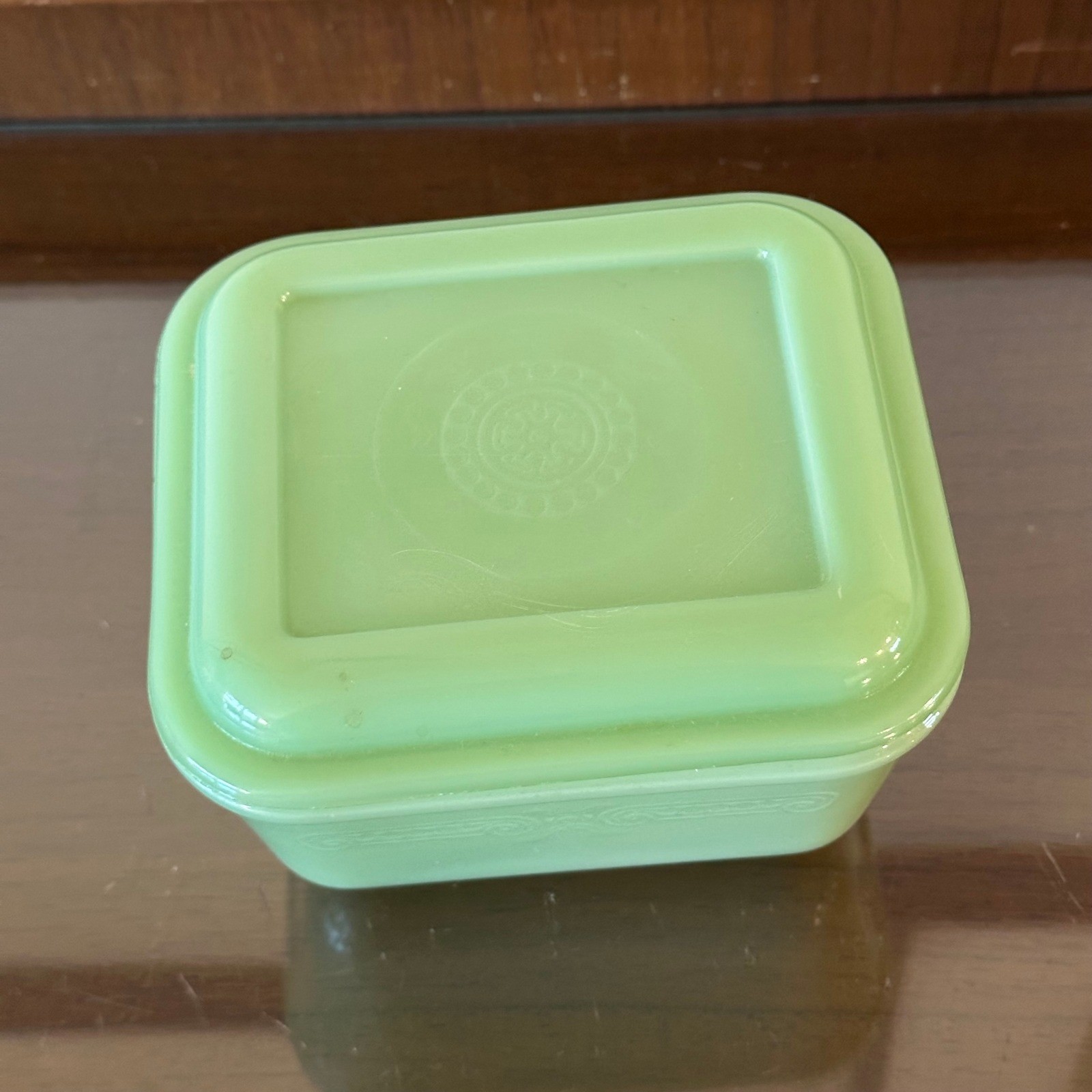 Vintage Fire-King Jadeite Philibe Refrigerator Dish Square Green Glass with Lid