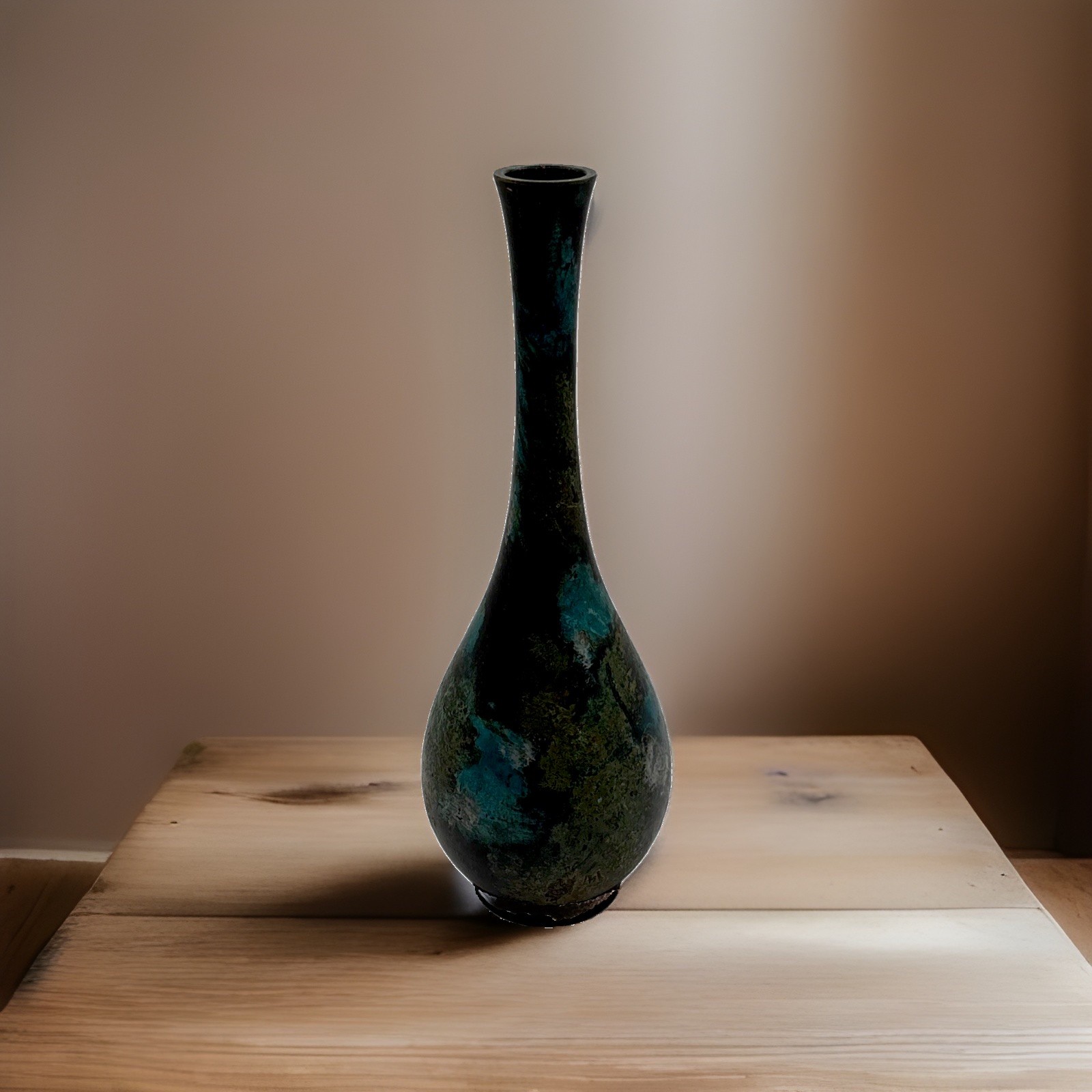 Vintage MCM Murashido Japanese Verdigris Bronze Metal Bud Vase Patina 10 In Tall