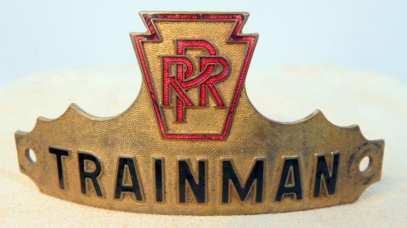 Antique PRR (Pennsylvania Rail Road) TRAINMAN Gilded Hat Badge Early 1900s Antique PRR (Pennsylvania Rail Road) TRAINMAN Gilded Hat Badge Early 1900s