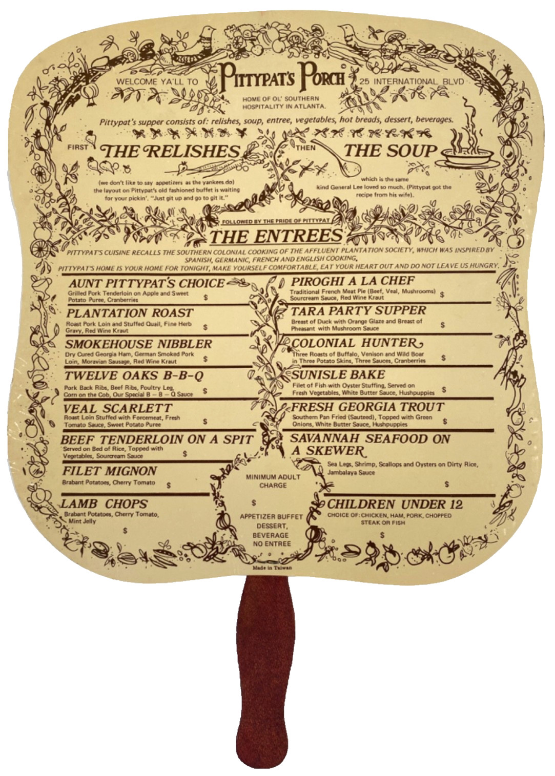 1980s PITTYPAT'S PORCH restaurant menu & fan ATLANTA, GEORGIA Gone With the Wind 1980s PITTYPAT'S PORCH restaurant menu & fan ATLANTA, GEORGIA Gone With the Wind
