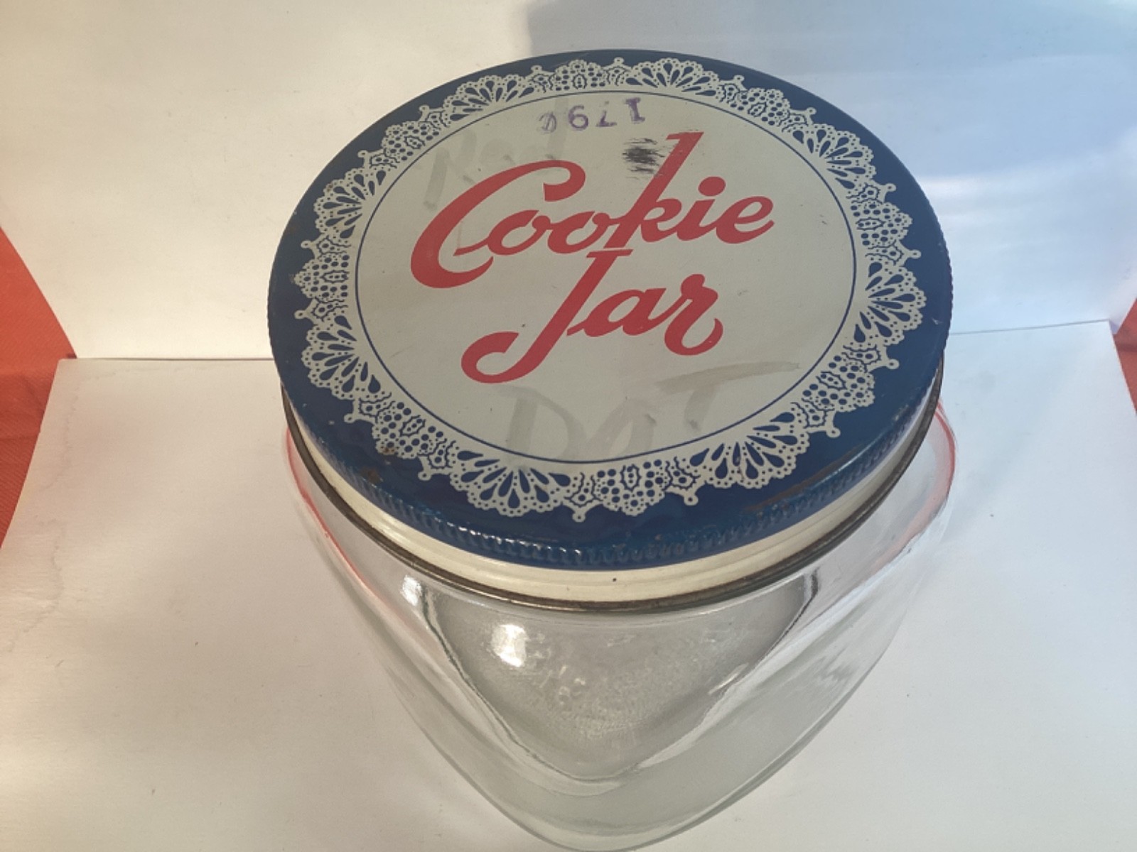 VINTAGE HOOSIER CLEAR GLASS COOKIE JAR RE-USE AFTER USE ORIGINALLY HELD???? HA