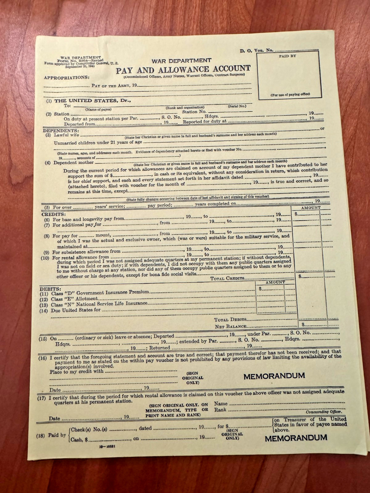 FREE SHIP 1940 WWII War Department Pay and Allowance Account Form B FREE SHIP 1940 WWII War Department Pay and Allowance Account Form B