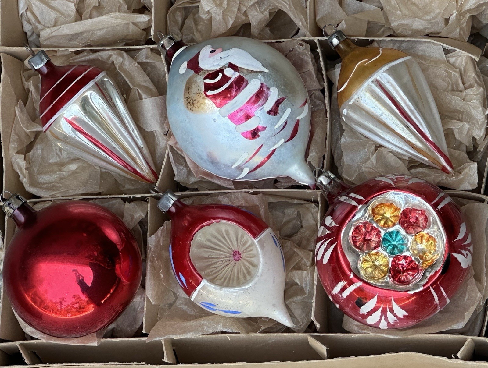 Vintage Poland German Hand Painted Drop Double Indent Santa Glass Ornaments Vintage Poland German Hand Painted Drop Double Indent Santa Glass Ornaments