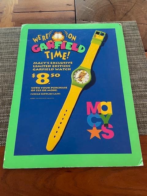 Vtg Garfield Macy's Watch Advertising Store Display Standee Header 14 x 10.5 Vtg Garfield Macy's Watch Advertising Store Display Standee Header 14 x 10.5