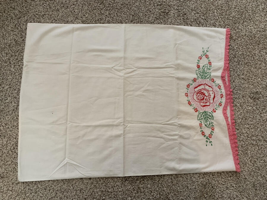 Vintage Linens White Embroidered Pillowcase Pink Green Floral Embroidery 20 x 28