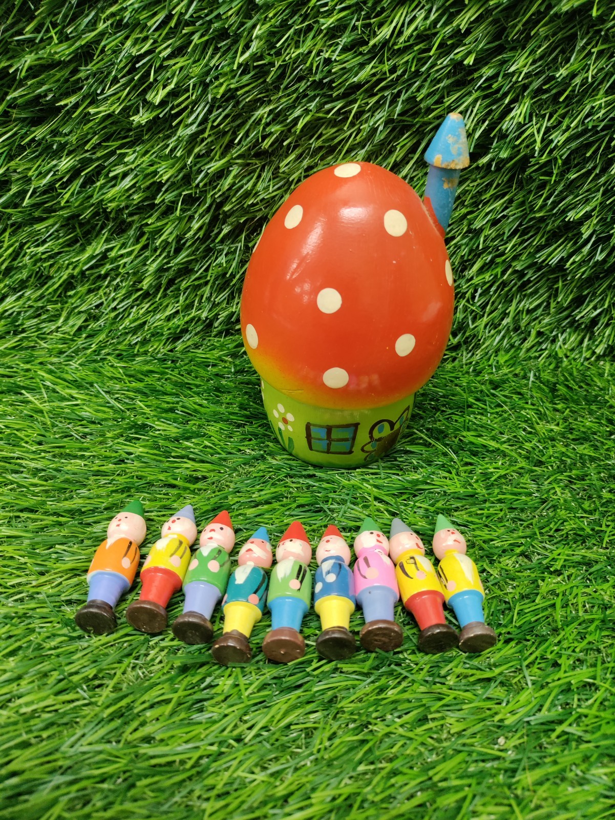 Vintage Polish Mini Wood Mushroom House Gnomes Bowling Game Poland Missing Balls