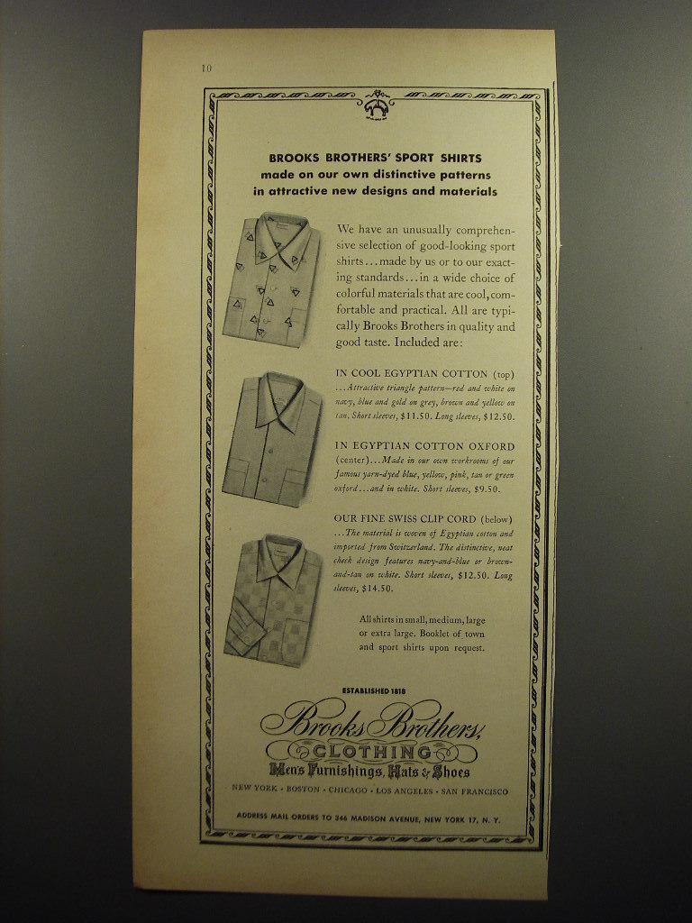 1952 Brooks Brothers Sport Shirts Advertisement
