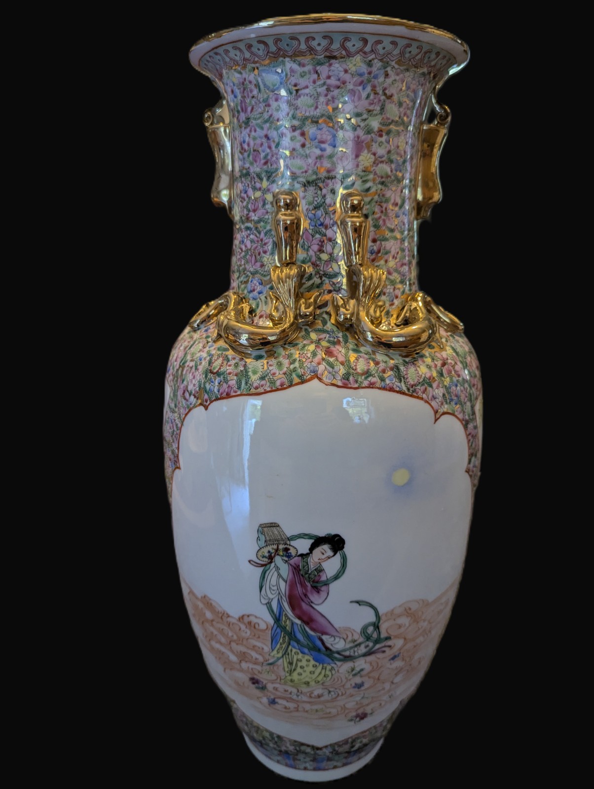 Vintage 19" Famille Rose Vase PCT Japanese Porcelain Hand Decorated Hong Kong Vintage 19" Famille Rose Vase PCT Japanese Porcelain Hand Decorated Hong Kong
