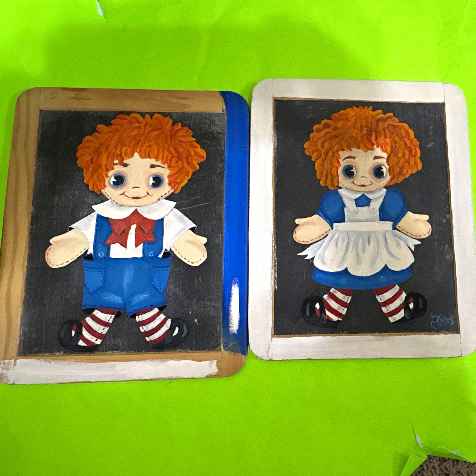 Vintage 1970s Raggedy Ann Andy 3D Wooden Chalkboard Wall Plaques Rose Art Portug Vintage 1970s Raggedy Ann Andy 3D Wooden Chalkboard Wall Plaques Rose Art Portug