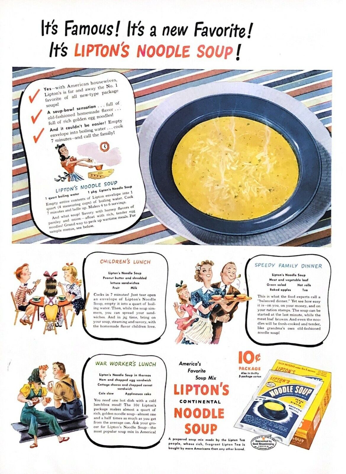1944 Lipton's Noodle Soup Vintage Print Ad WWII It's Famous It's A New Favorite 