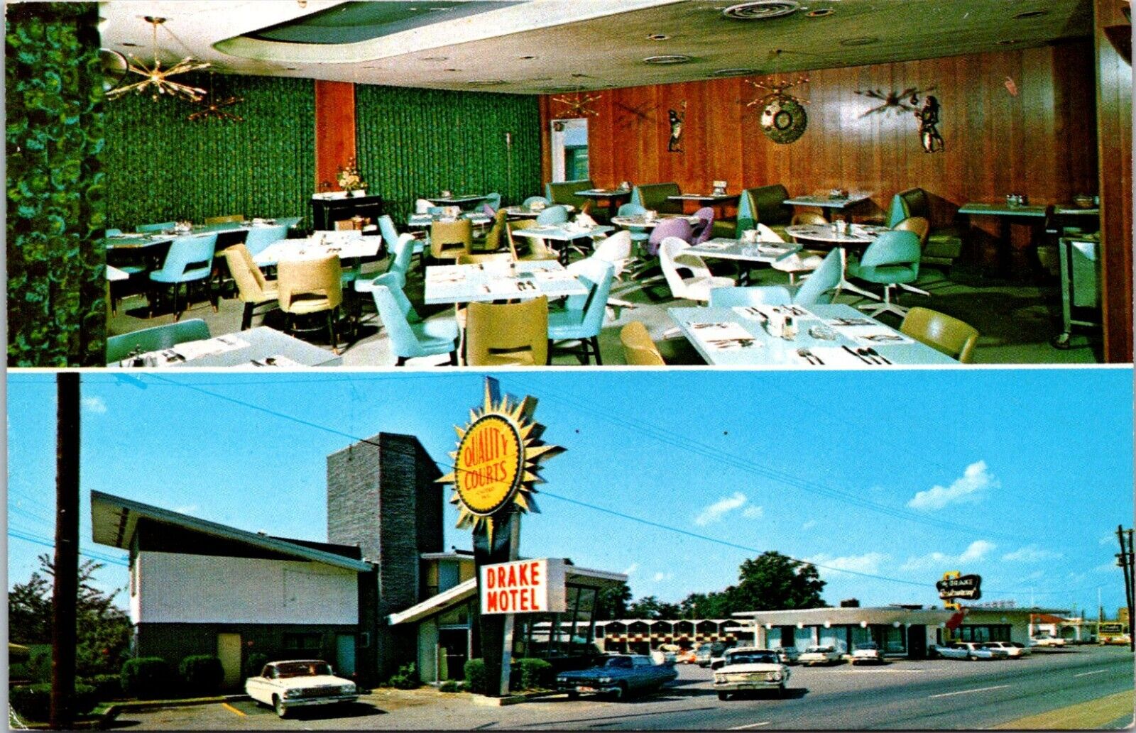 Drake Motel Restaurant Chattanooga TN Dual View Interior Autos postcard H448