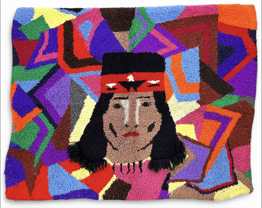 Vintage Hand Hooked Needle Art Native America Indian Head Rug Tapestry 3'x3'10''