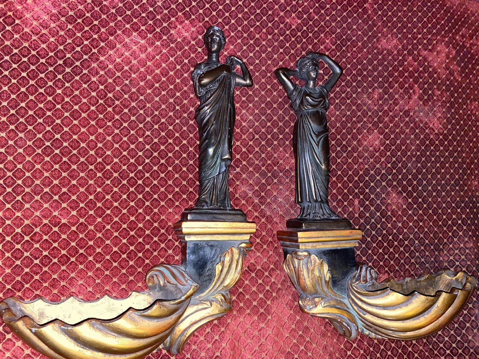 Vintage Antique Style Two Wall Decor Candle Holders Bronze Goddesses Gilded 